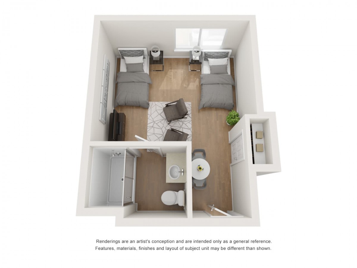 An overhead view of a dorm room layout featuring two twin beds, a shared bathroom, and study desks.