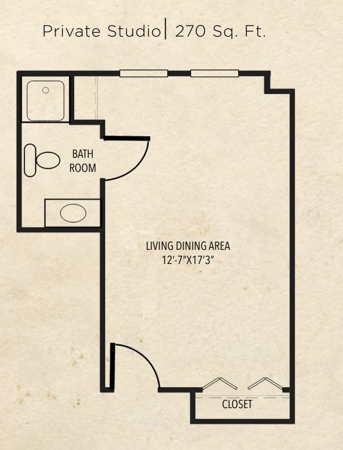 This image shows a floor plan of an apartment with a living and dining area and a bathroom.