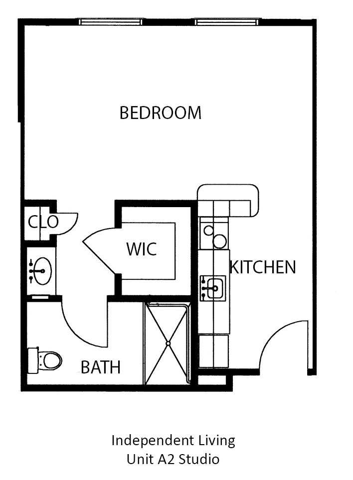 A simple apartment floor plan with a bedroom, kitchen, bathroom, and walk-in closet.