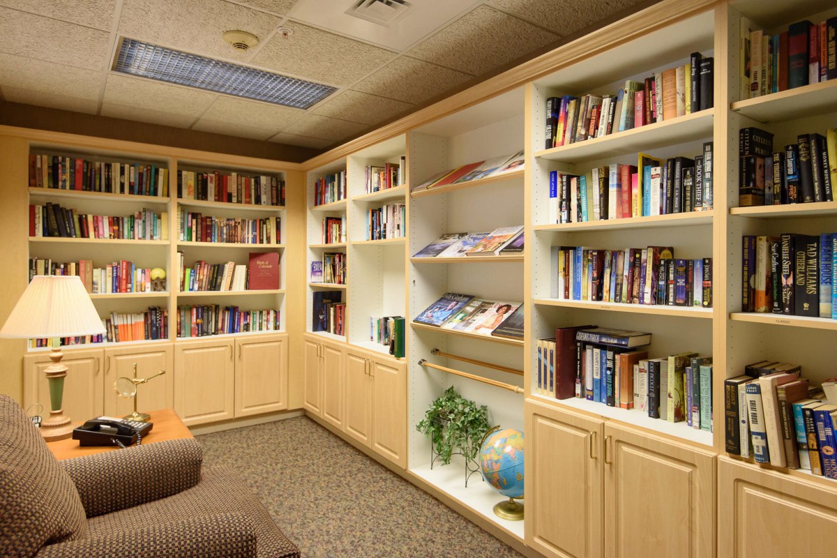 A cozy home library with wooden bookshelves filled with books and a globe.