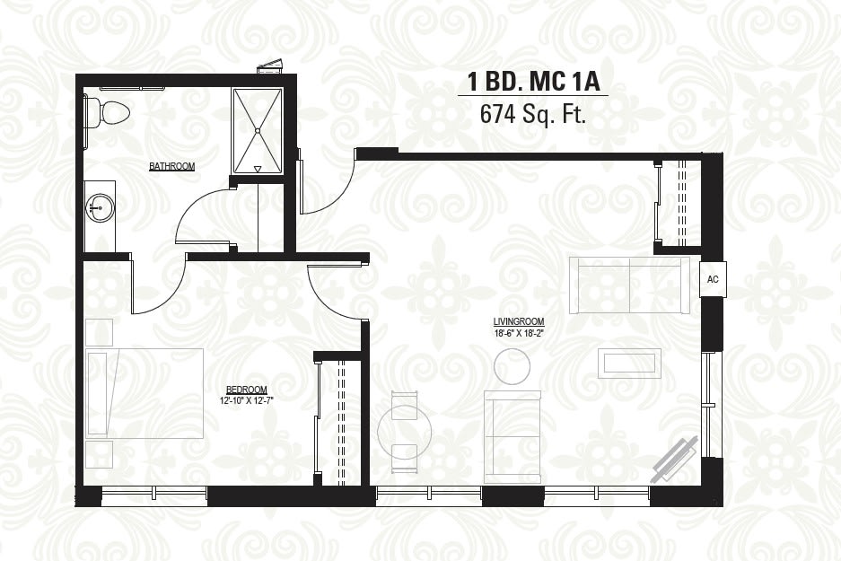 Floor plan of a 674 sq. ft. one-bedroom apartment.