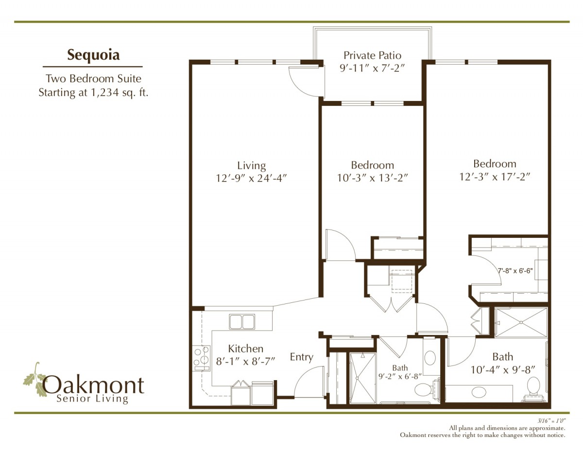 A detailed floor plan of a one-bedroom suite named 'Sequoia', featuring living, dining, and bedroom areas.