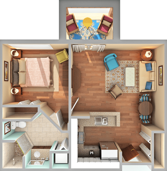 A 3D floor plan of a one-bedroom apartment with a living room, kitchen, bathroom, and balcony.