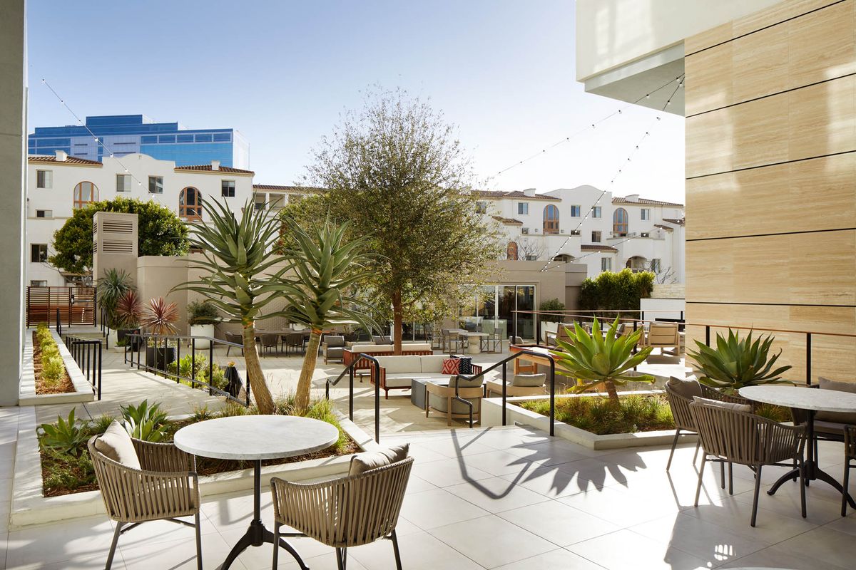 A sunny outdoor patio area with tables and chairs surrounded by plants and trees, set in an urban environment.
