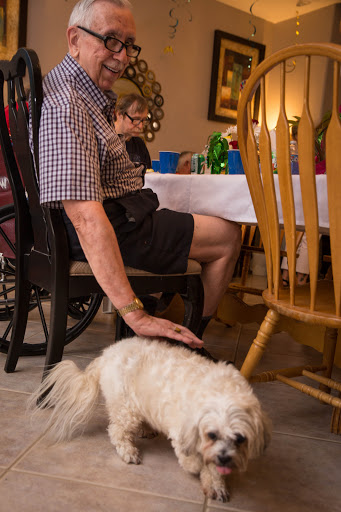 A person enjoying a moment with a small dog while seated at a dining table.