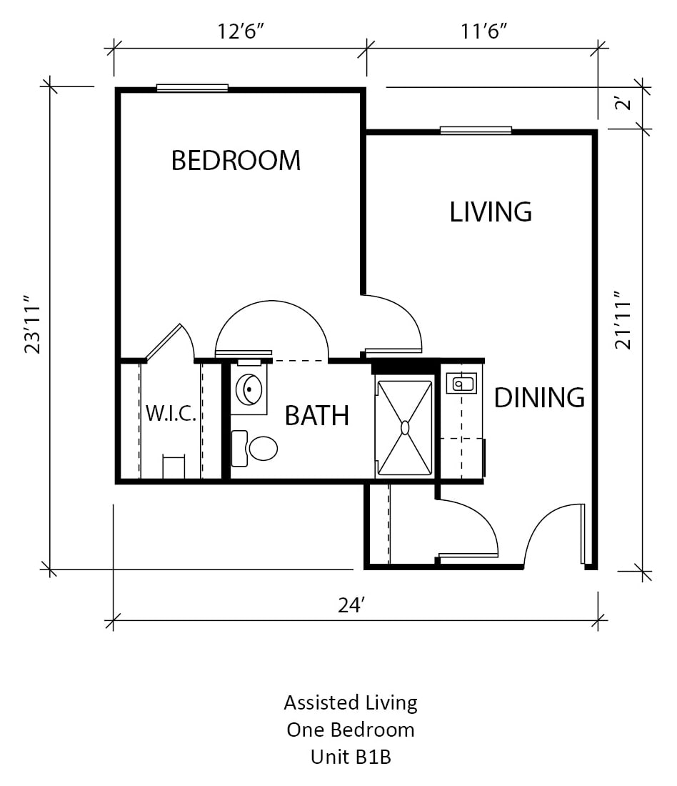 A floor plan for a one-bedroom assisted living apartment featuring a living room, dining area, bathroom, and bedroom.
