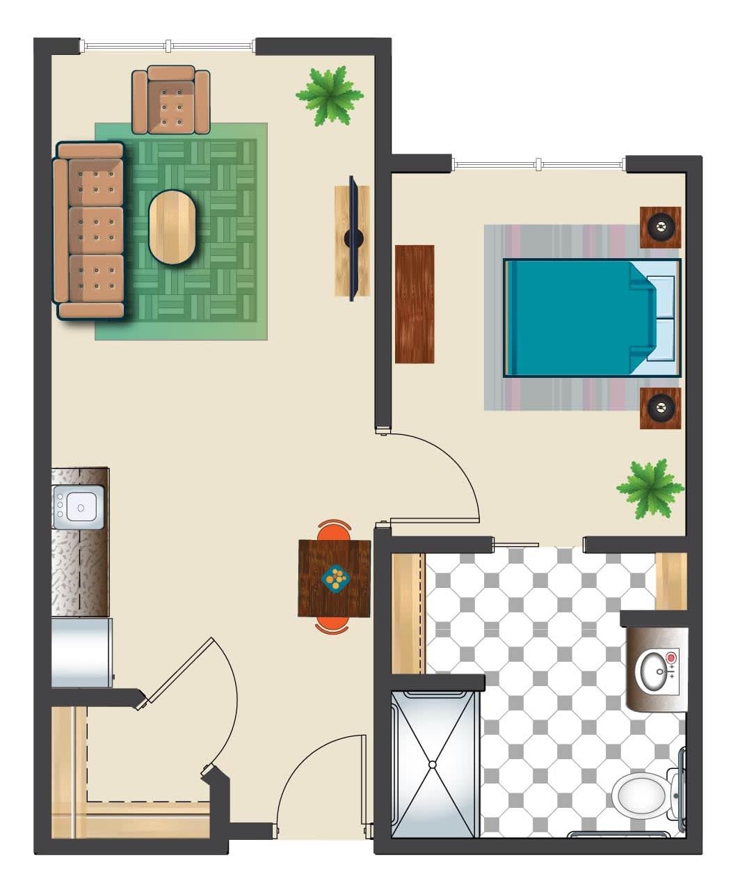 A detailed floor plan of a one-bedroom apartment, featuring a living room, kitchen, bedroom, and bathroom.