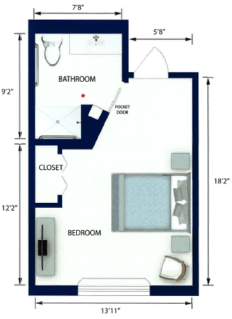 A compact one-bedroom apartment floor plan with dimensions.