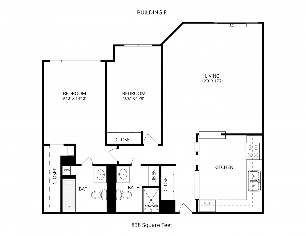 A floor plan of a two-bedroom apartment with a living room, kitchen, bathroom, and balcony.