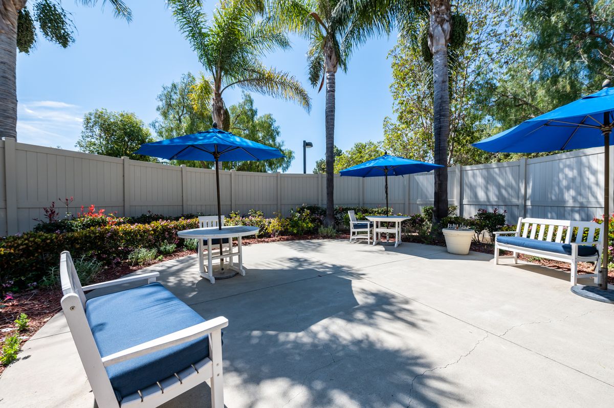 A sunny outdoor patio area with tables, chairs, and blue umbrellas surrounded by palm trees.