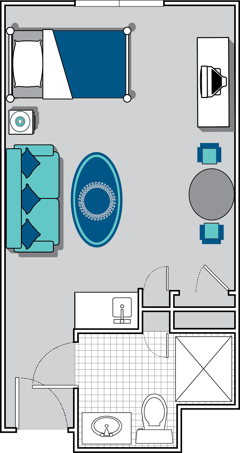 A floor plan showing the layout of a living room with a sofa, table, chairs, and rug.