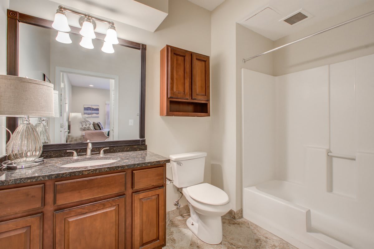 A well-appointed bathroom featuring a wooden vanity with a mirror, toilet, and a shower area.