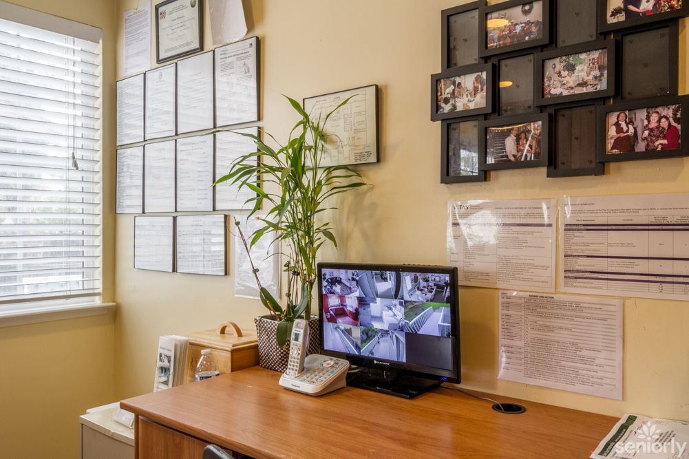 A tidy office desk with a computer monitor, certificates on the wall, and decorative plants.