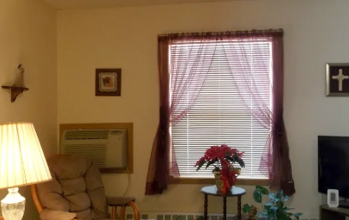 A cozy living room with a window featuring red curtains and blinds, a small table with flowers, and minimalistic decor.