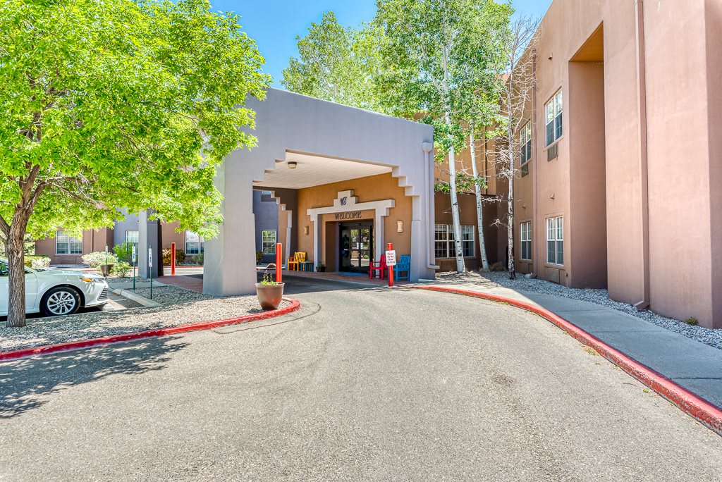 A building entrance with a driveway surrounded by trees on a sunny day.
