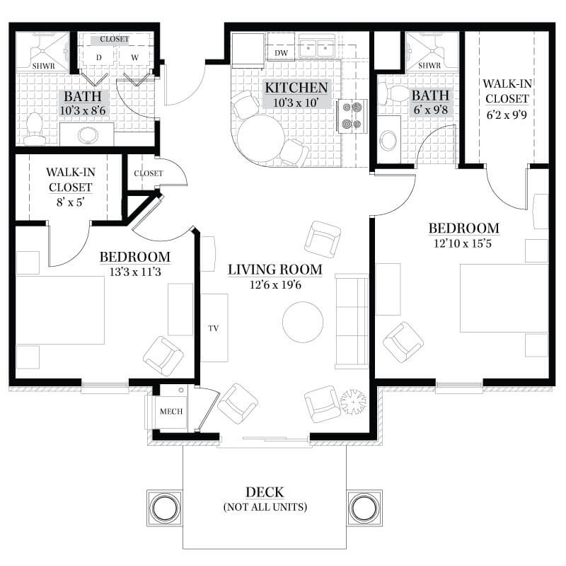 Floor plan of a two-bedroom apartment with living room, kitchen, bathrooms, and a deck.