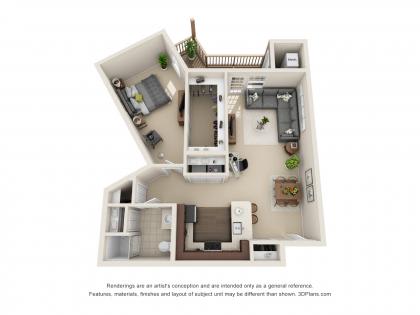 3D floor plan of a modern apartment, featuring a spacious living area, kitchen, and two bedrooms.