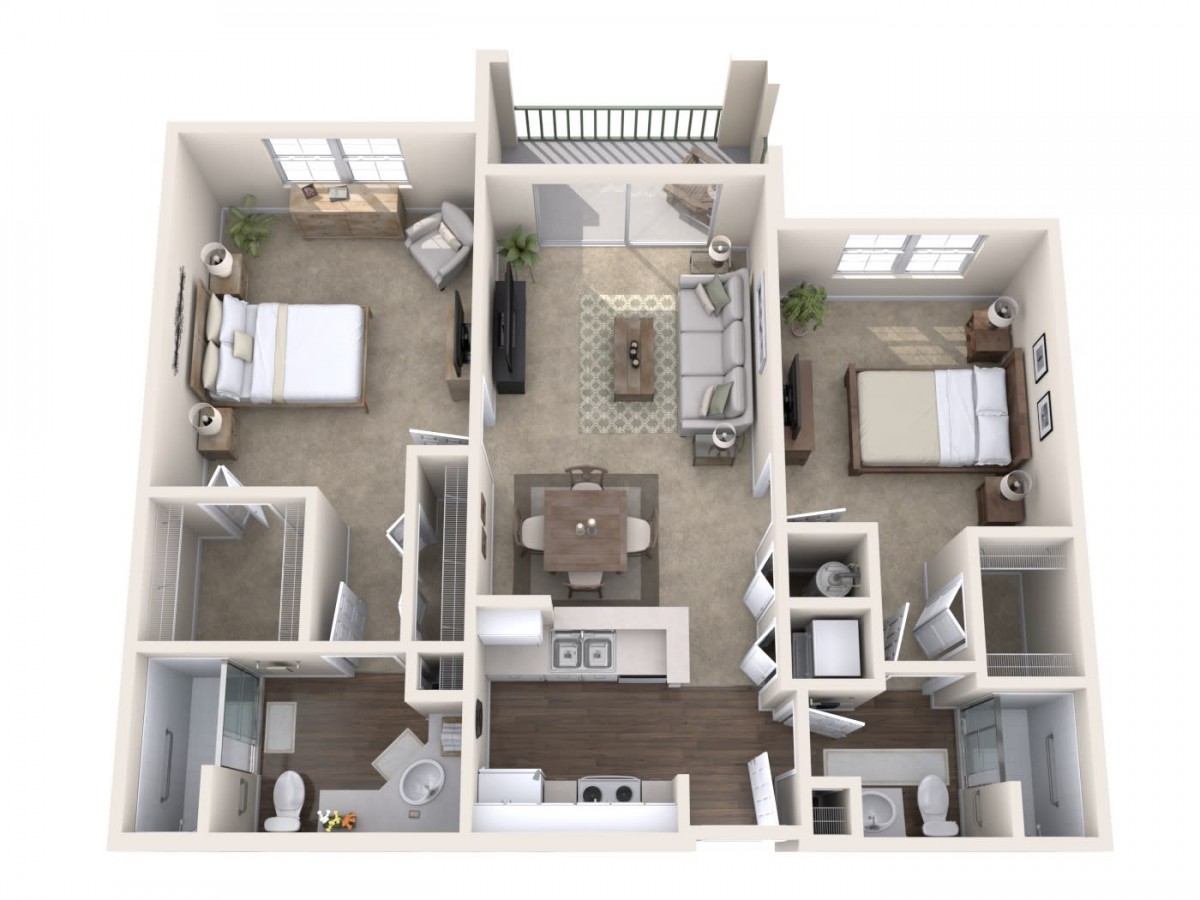 A 3D rendering of a two-bedroom apartment floor plan with a living room, kitchen, and bathrooms.