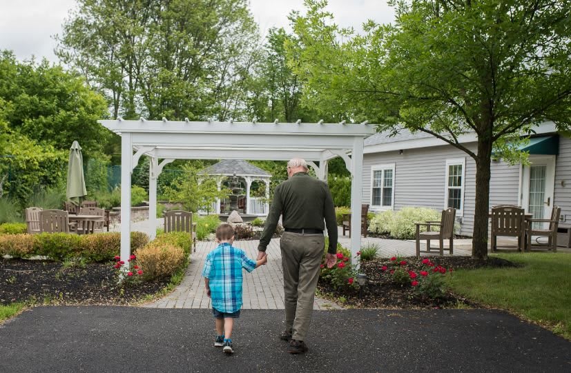 A grandfather and grandchild holding hands while walking through a garden.