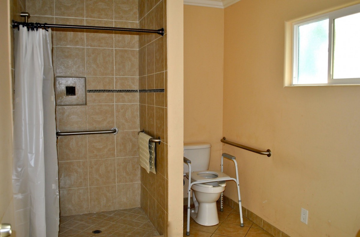 An accessible bathroom with a walk-in shower and supportive handrails.