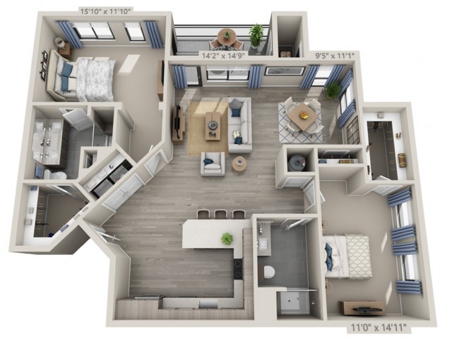 A 3D rendered floor plan of an apartment, showcasing the layout of rooms and furniture.