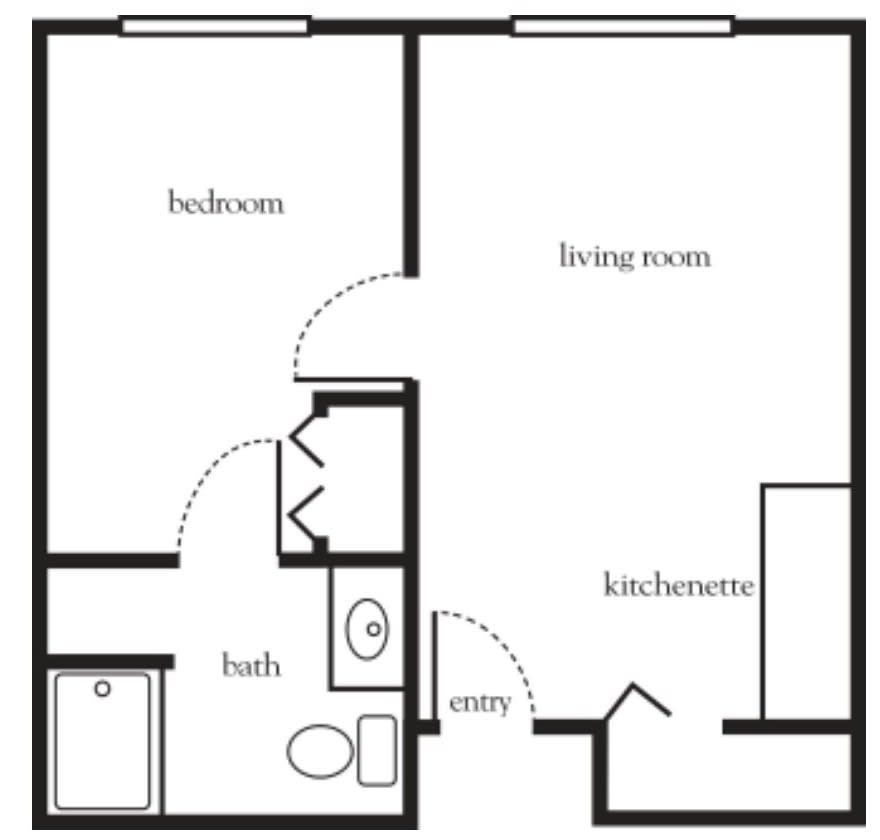 A simple floor plan of a one-bedroom apartment with a living room, kitchen, and bathroom.