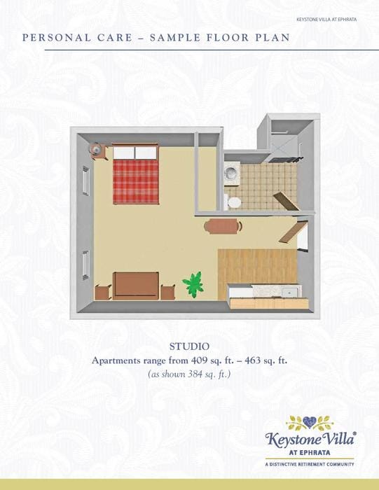 Studio apartment floor plan with a compact layout.