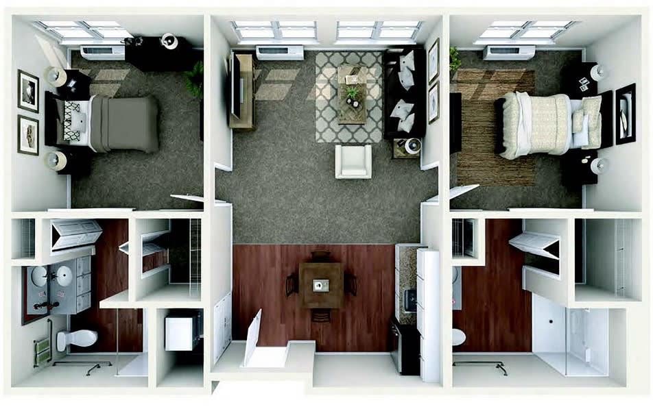 A detailed floor plan of a two-bedroom apartment showcasing furniture placement and interior layout.