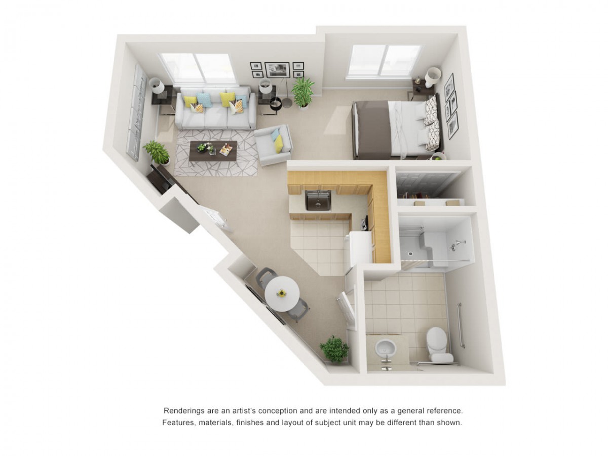 A 3D layout of a one-bedroom apartment featuring a living room, kitchen, and bathroom.