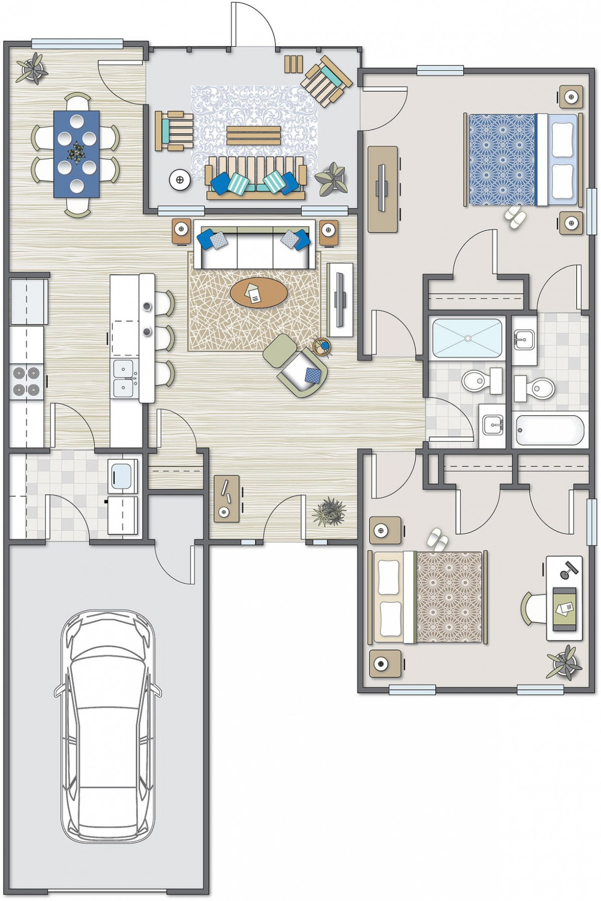 A detailed floor plan of a modern home with various rooms and furniture layout.