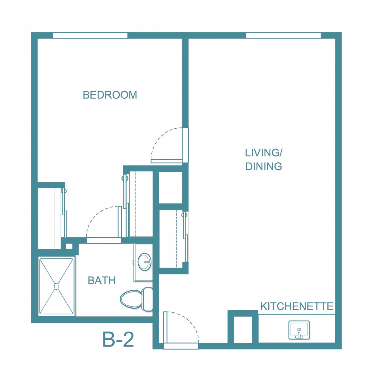 A floor plan of a one-bedroom apartment featuring a living/dining area, kitchenette, and bathroom.
