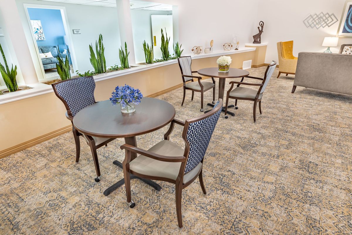 A cozy lounge area with round tables, cushioned chairs, and decorative plants.