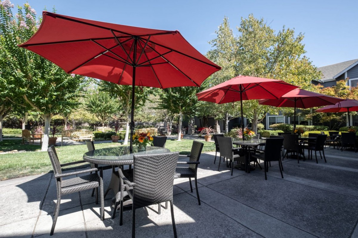 A sunny patio with tables and chairs shaded by vibrant red umbrellas, surrounded by a lush garden.