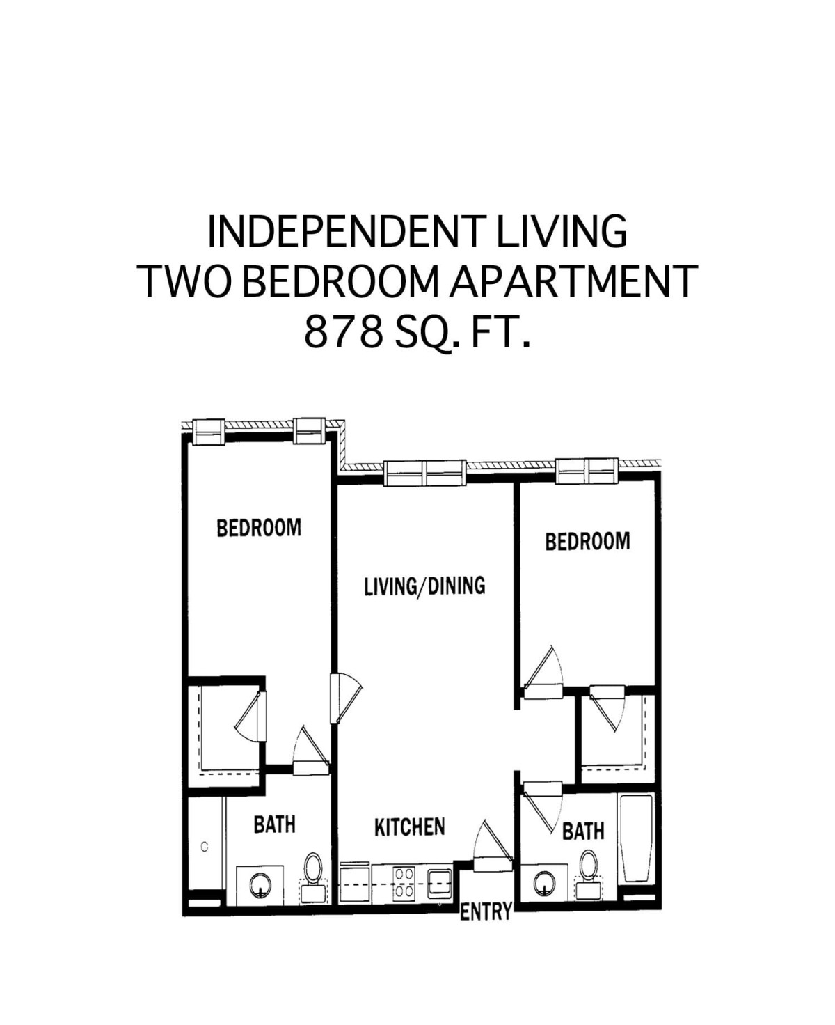 Floor plan of an 878 sq. ft. two-bedroom independent living apartment.