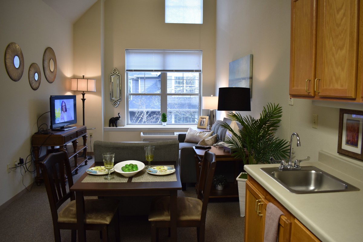 A cozy apartment living room with a dining area and television.