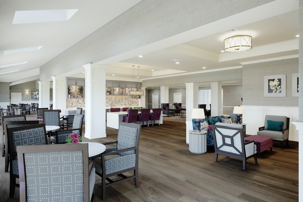 A modern lounge area with comfortable seating and stylish decor.