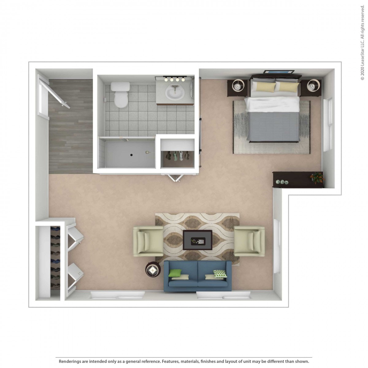 A compact studio apartment floor plan featuring a combined living and sleeping area, kitchen, and bathroom.