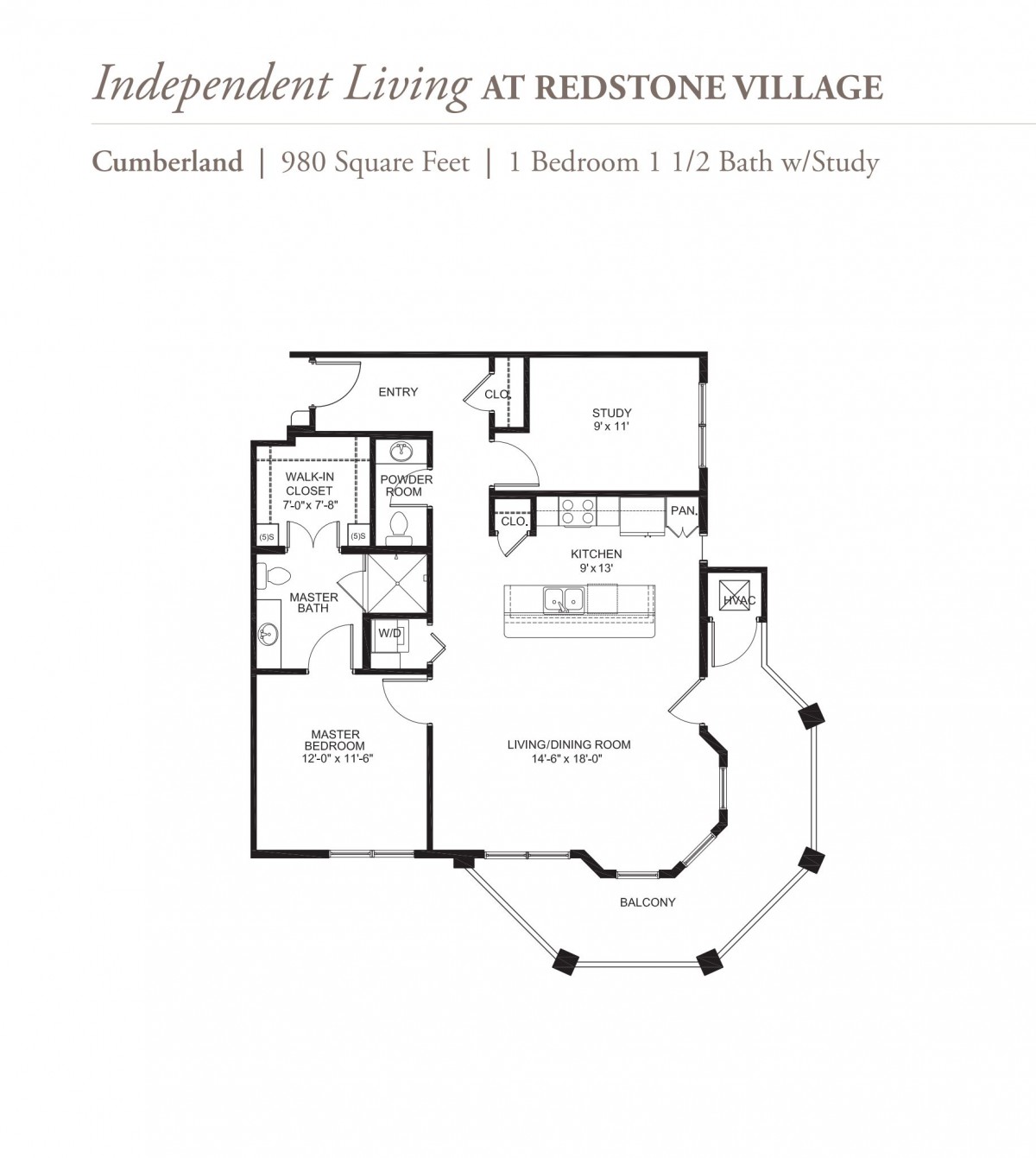 Floor plan of a 1-bedroom apartment at Redstone Village.