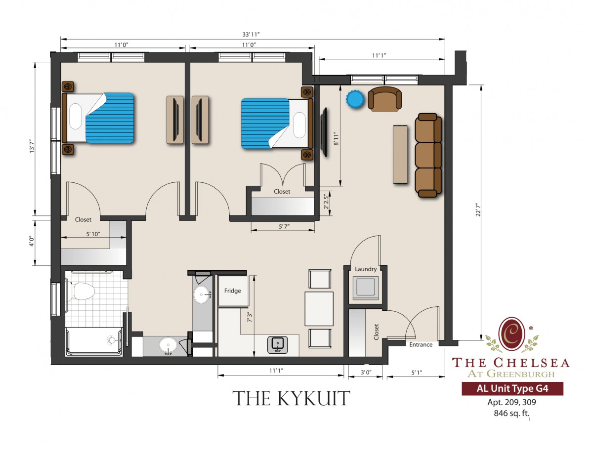 A detailed floor plan of a two-bedroom apartment layout featuring a living area, kitchen, and bathroom.
