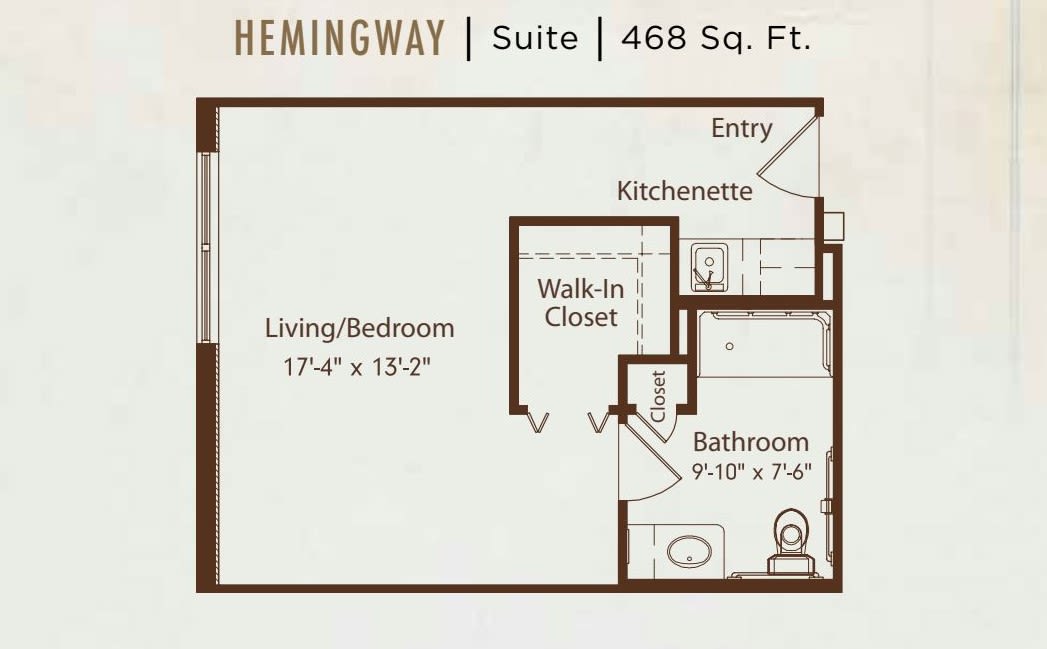 Floor plan of the Hemingway Suite, featuring a living/bedroom area, kitchenette, walk-in closet, and bathroom.