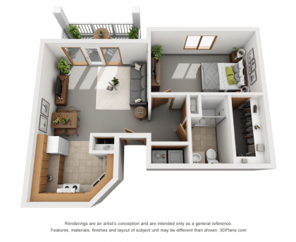 A 3D floor plan of a one-bedroom apartment featuring a living room, kitchen, bathroom, and balcony.