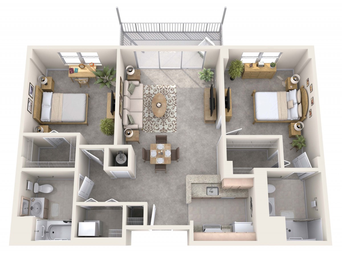 This image shows a two-bedroom apartment floor plan with a central living area, kitchen, bathroom, and balcony.