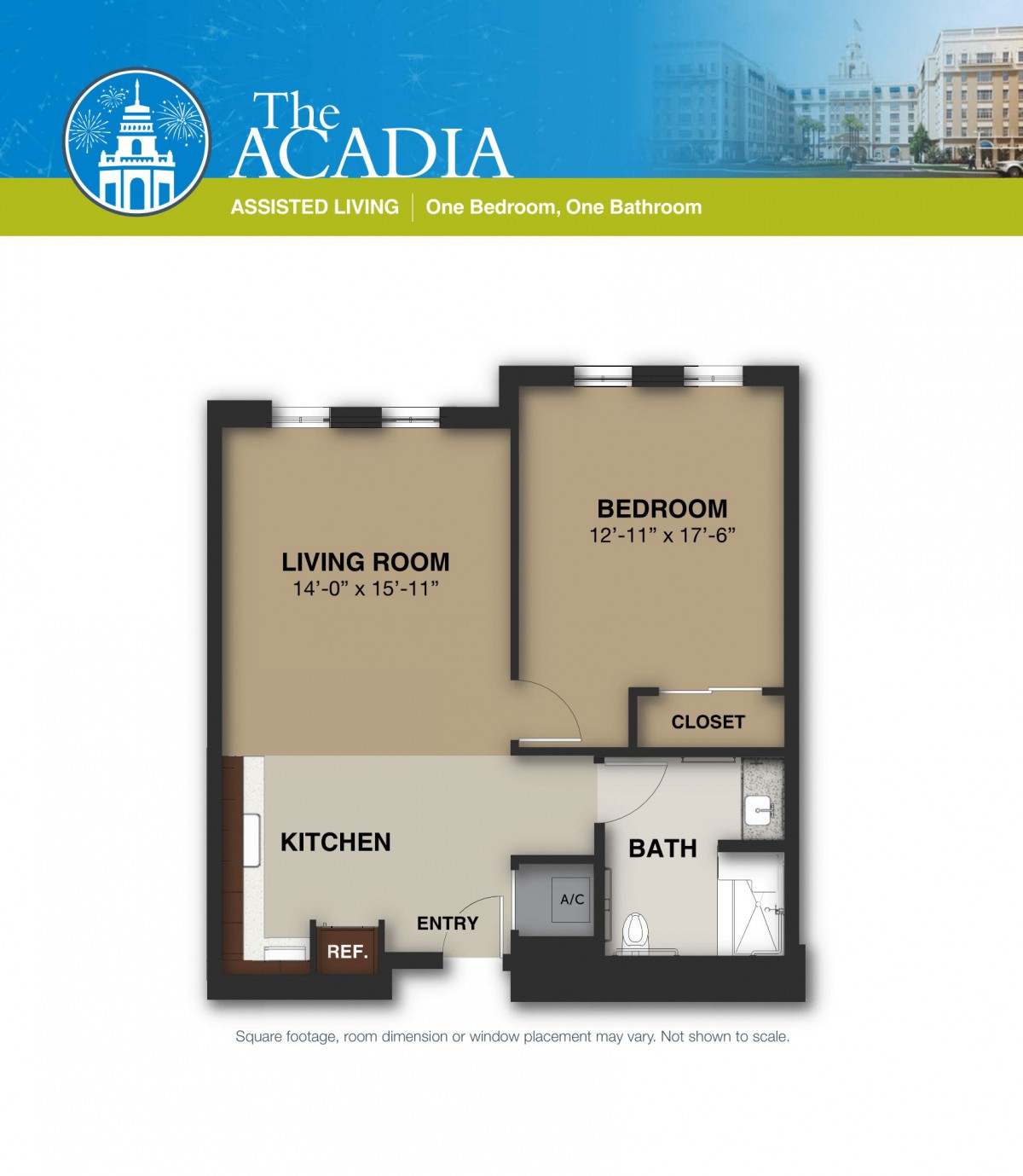 A floor plan for a one-bedroom apartment featuring a living room, kitchen, bathroom, and closet.