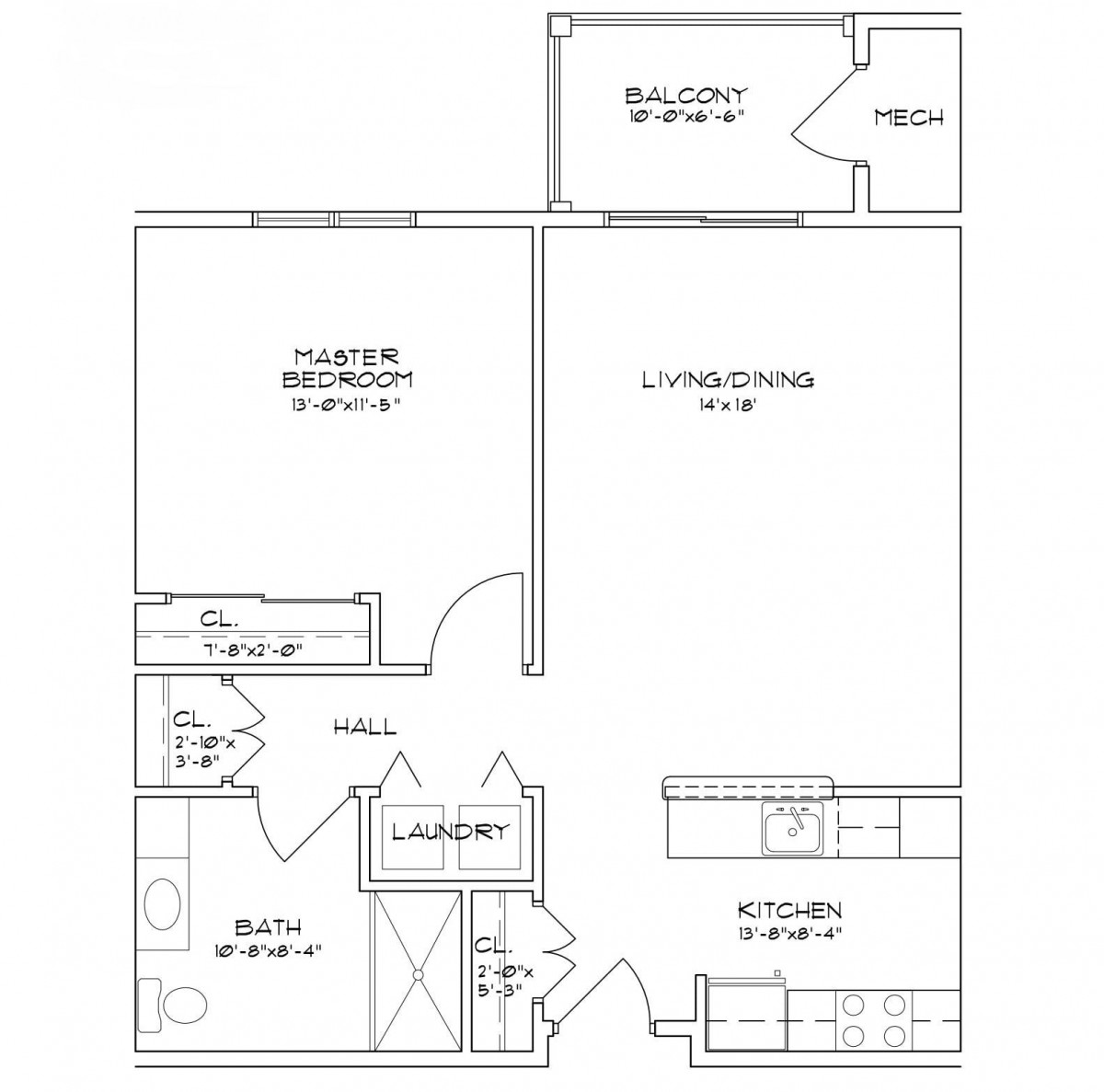 A detailed floor plan of a one-bedroom apartment featuring a living room, kitchen, bathroom, and closets.
