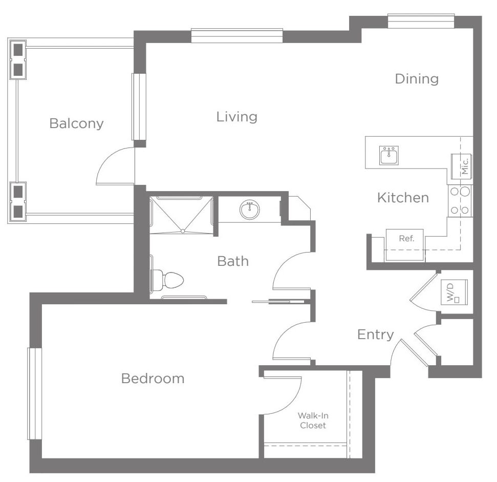 A one-bedroom apartment floor plan featuring a living room, dining area, kitchen, bathroom, and a balcony.