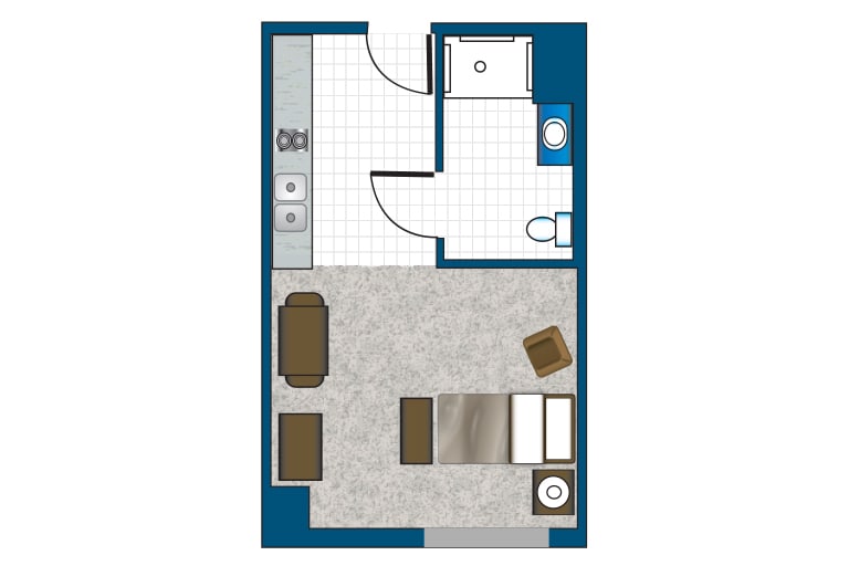 A floor plan illustrating a compact studio apartment layout with a bathroom, kitchen area, living space, and sleeping area.