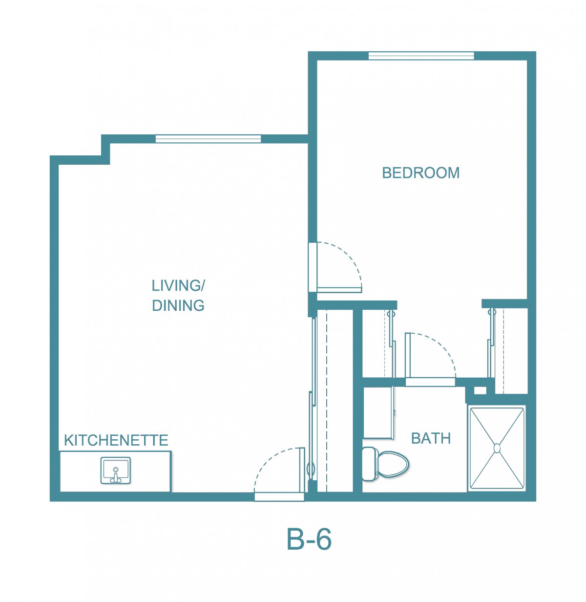 A floor plan of a one-bedroom apartment featuring a living/dining area, kitchenette, and bathroom.