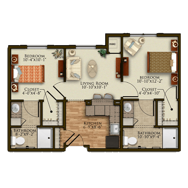 A detailed floor plan of a three-bedroom apartment featuring a living room, kitchen, and multiple bathrooms.