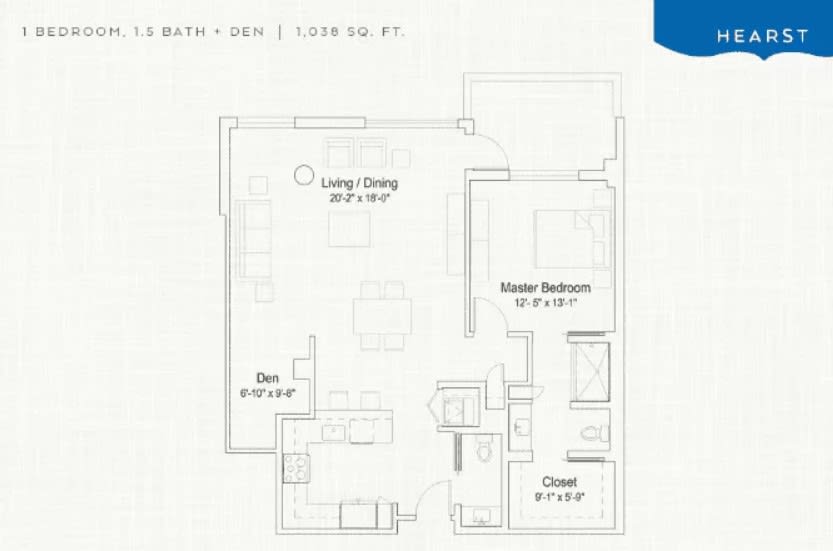 This image shows a floor plan of a one-bedroom apartment with a living and dining area, kitchen, bathroom, and closet.