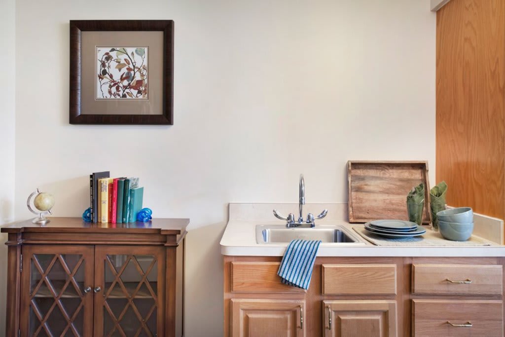 A cozy kitchen corner with a sink, a cabinet filled with colorful books, and neatly arranged dishes.